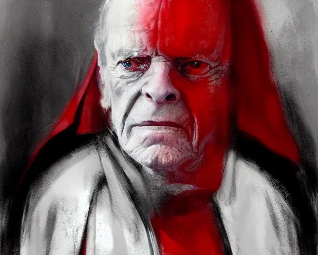 Prompt: portrait of emperor palpatine sidious played by ian mcdiarmid with a big hood, in shades of grey, but with red, by jeremy mann