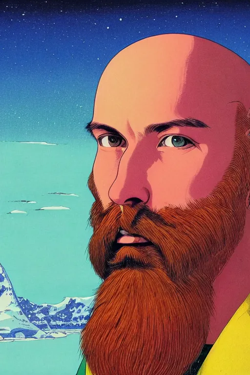 Image similar to a colorful closeup portrait of a young bald man with a very long wild beard dreaming psychedelic hallucinations in the vast icy landscape of antarctica, by kawase hasui, moebius and edward hopper, colorful flat surreal design, hd, 8 k, artstation