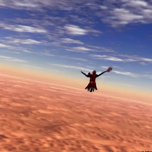 Prompt: Kratos flying over Sahara Desert