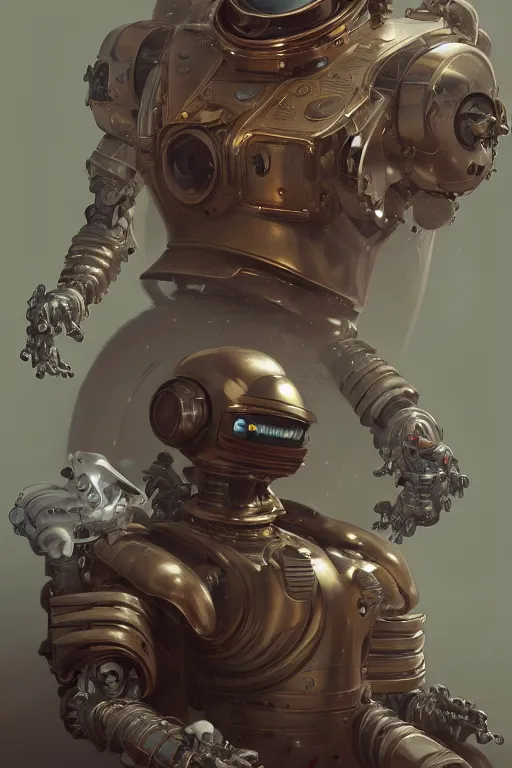 Image similar to portrait of a robot with a bronze armor, landing on the moon, highly detailed, digital painting, artstation, concept art, sharp focus, illustration, art by WLOP and tian zi and alphonse mucha