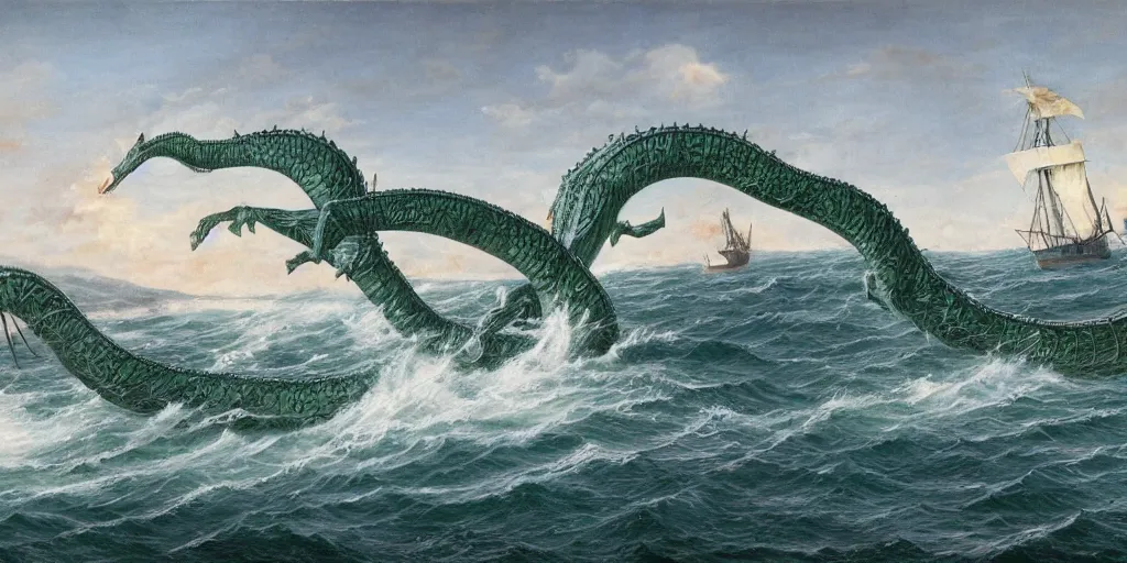 Prompt: the great sea serpent cadborosaurus fighting a ship