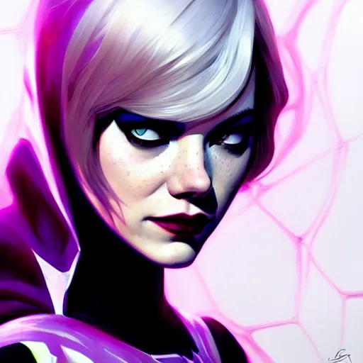 Image similar to beautiful Emma Stone as Spider-Gwen, western, closeup, D&D, fantasy, intricate, elegant, highly detailed, digital painting, artstation, concept art, matte, sharp focus, illustration, art by Artgerm and Greg Rutkowski and Alphonse Mucha