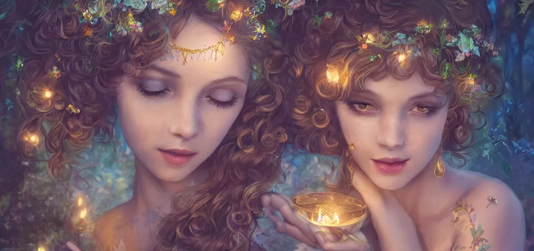 Prompt: beautiful fairy, perfect face and body, with curls, at her birthday party in a magic garden, monkeys, diamonds and scissors, details, smooth, sharp focus, illustration, realistic, cinematic, artstation, gold, ornate, award winning, original modern artwork, rgb ethereal lighting, 8k