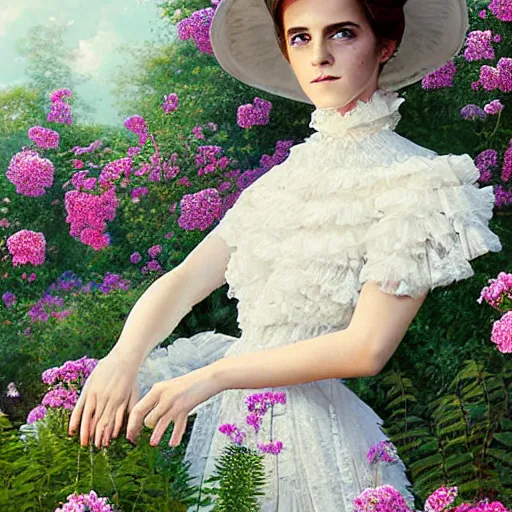 Image similar to full body fashion model emma watson smokey eyes makeup eye shadow fantasy, glow, shimmer as victorian woman in a long white frilly lace dress and a large white hat having tea in a sunroom filled with flowers, roses and lush fern flowers ,intricate, night, highly detailed, dramatic lighting , high quality by Hasui Kawase by Richard Schmid