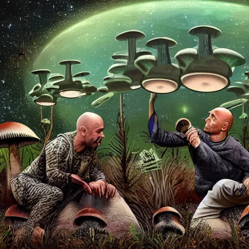 Image similar to Aliens from a UFO harvesting mushrooms from Earth with Joe Rogan watching with binoculars from the trees, realistic