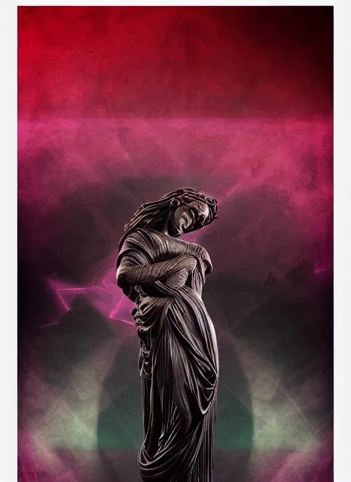 Image similar to elegant dark design poster showing a beautiful greco roman statue, black background with very subtle red and purple design elements, bold, powerful, nekro, vito acconci, thin straight purple lines, dark, glitch art, neo vaporwave, gritty, layout frame, square, trending on artstation