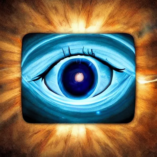 Image similar to blue giant eye magic spell, magic spell surrounded by magic smoke, floating cards, hearthstone coloring style, epic fantasy style art, fantasy epic digital art