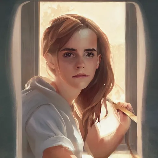 Image similar to portrait of Emma Watson as Hermione Granger sitting next to a window reading a book, focused expression, face focus, golden hour, art by Kenne Gregoire and Krenz Cushart, trending on artstation