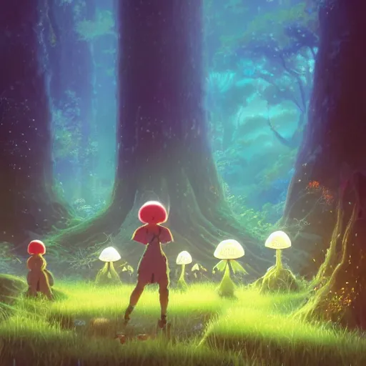 Prompt: A beautiful ultradetailed anime illustration of a group of glowing mushrooms in a dark forest by beeple, studio ghibli, wallpaper, highly detailed, trending on artstation