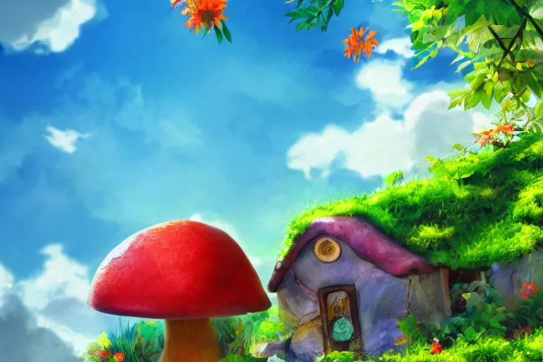 Prompt: anime gnome, mushroom house, under lush green plants and flowers, hyper realism, macro shot, blue sky, sunny, bright colors,