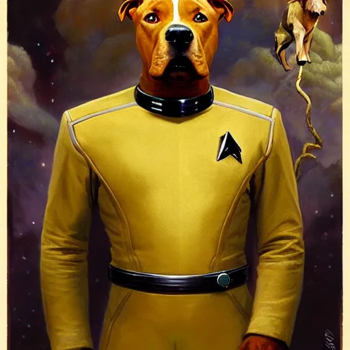 Image similar to a portrait of a pitbull dogman canine star trek officer. highly detailed painting by gaston bussiere, craig mullins, j. c. leyendecker, furry