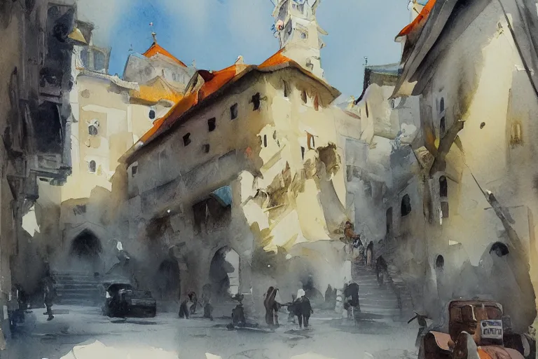 Image similar to small centered on watercolor paper, paint brush strokes, abstract watercolor painting of lisbon palace, cinematic light, national romanticism by hans dahl, by jesper ejsing, by anders zorn, by greg rutkowski, by greg manchess, by tyler edlin