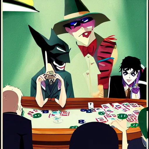 Prompt: joker playing poker with batman, studio ghibli, trending on artstation, high detalied,