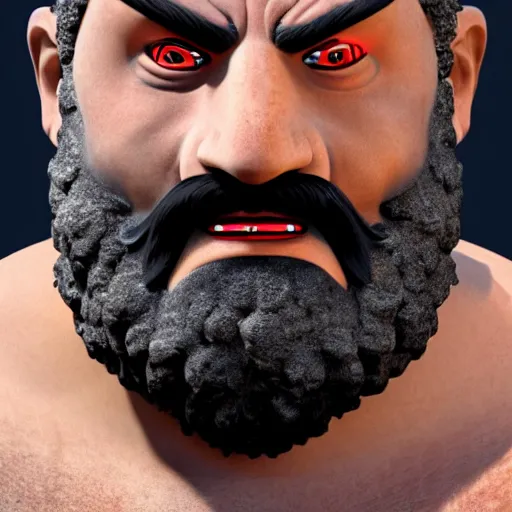 Image similar to a detailed 4 k high definition photograph of a face of hephaestus, with white beard and red eyes