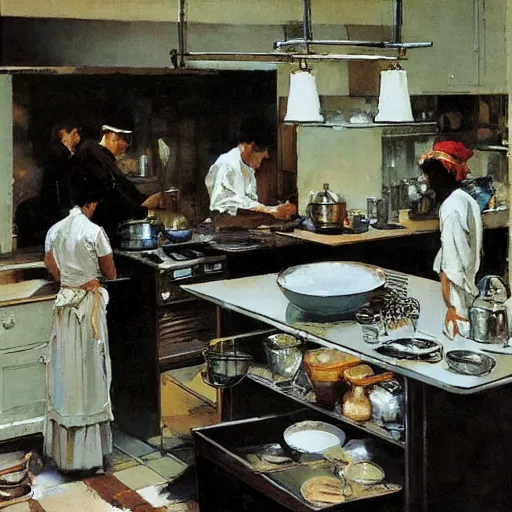 Prompt: a busy kitchen by mead schaeffer