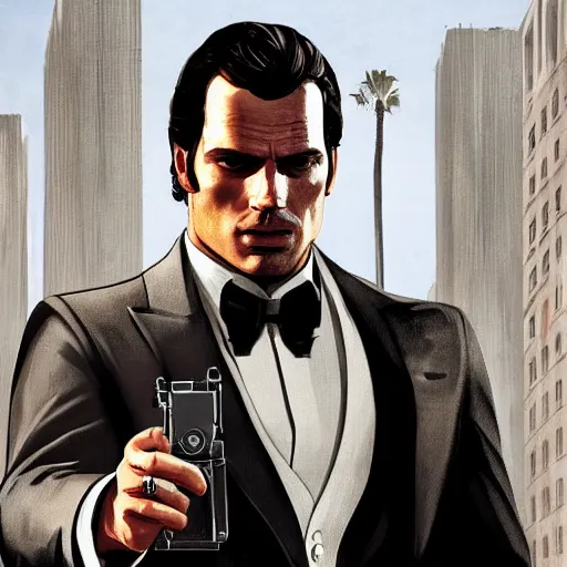 Image similar to Henry Cavill as the Godfather, gta 5 cover style, highly detailed, digital painting, Trending on artstation , HD quality, dramatic light, octane