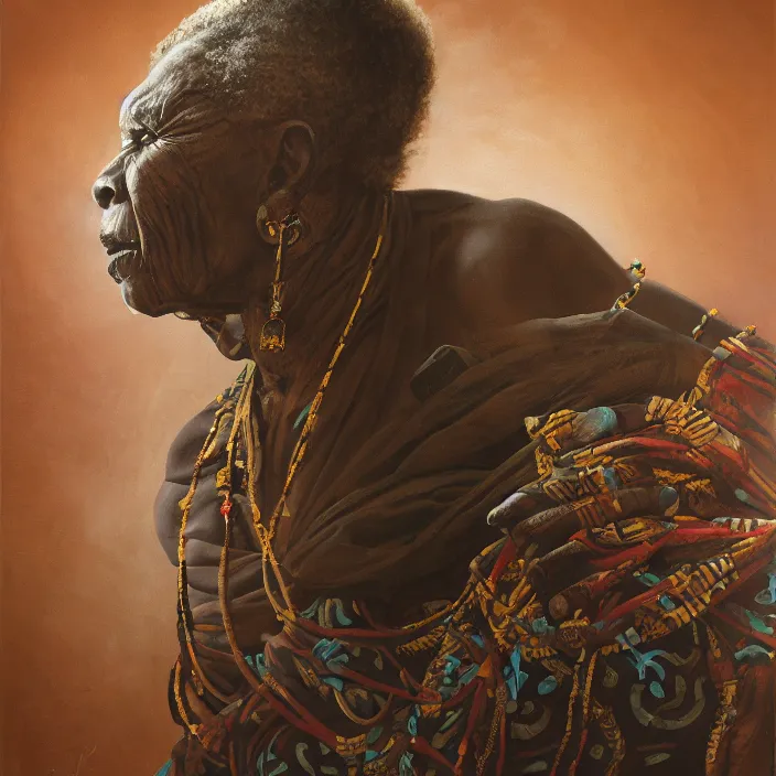 Image similar to a painting of a wise elder from Kenya by Kehinde Wiley . dramatic angle, ethereal lights, details, smooth, sharp focus, illustration, realistic, cinematic, artstation, award winning, rgb , unreal engine, octane render, cinematic light, macro, depth of field, blur, red light and clouds from the back, highly detailed epic cinematic concept art CG render made in Maya, Blender and Photoshop, octane render, excellent composition, dynamic dramatic cinematic lighting, aesthetic, very inspirational, arthouse.