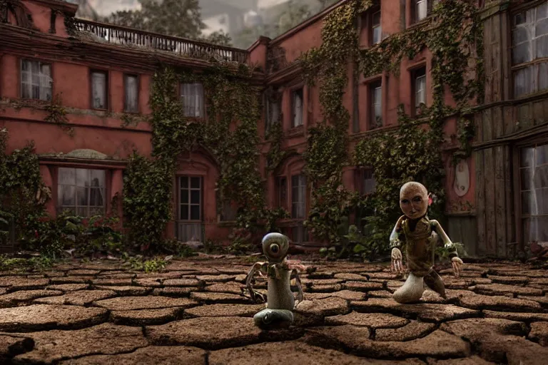 Image similar to Broken ugly toy doll with glowing eyes lying on old courtyard with mud and an old playground between two soviet five-storey overgrown with ivy panel houses, high details, cinematic, 8k resolution, beautiful detailed, insanely intricate details, artstation trending, rule of third, octane render, unreal engine