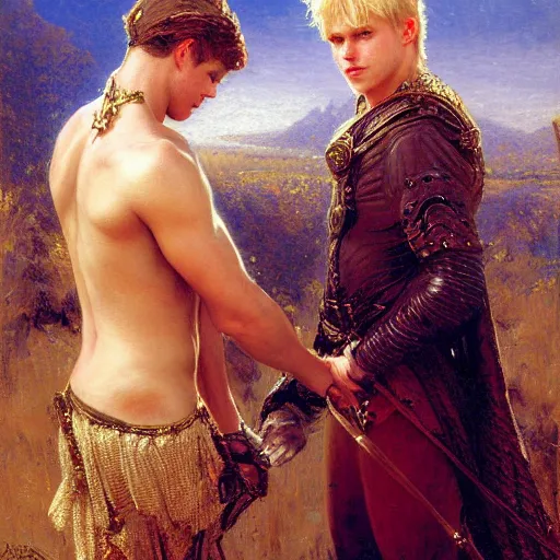 Image similar to attractive male, arthur pendragon who has blond hair confesses his love to attractive male, merlin who has dark hair. highly detailed painting by gaston bussiere, craig mullins, j. c. leyendecker 8 k