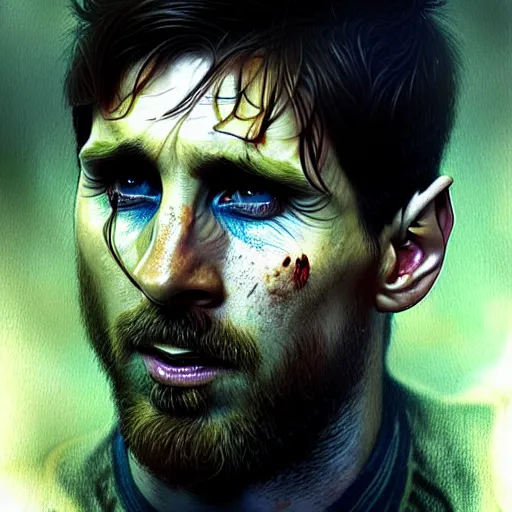 Image similar to Lionel Messi as a zombie, closeup, D&D style, fantasy, intricate, elegant, highly detailed, digital painting, artstation, concept art, matte, sharp focus, illustration, art by Artgerm and Greg Rutkowski and Alphonse Mucha