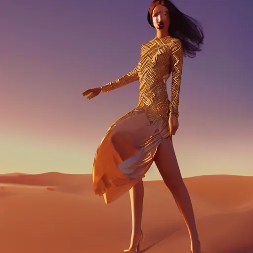 Image similar to innovative avant-garde art, deco fashion, asian women, highly detailed, photorealistic portrait, serene desert setting, golden hour, crisp quality and light reflections, unreal engine 5 quality render