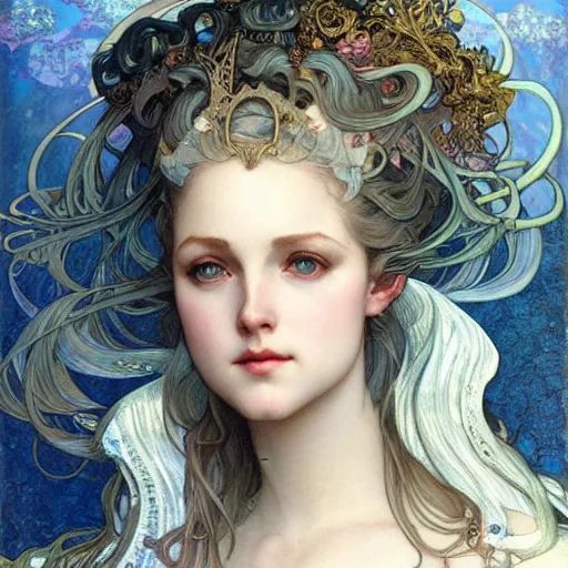 Prompt: realistic detailed face portrait of Ocean Goddess Marie Antoinette by Alphonse Mucha, Ayami Kojima, Amano, Charlie Bowater, Karol Bak, Greg Hildebrandt, Jean Delville, and Mark Brooks, Art Nouveau, Neo-Gothic, gothic, rich deep moody colors