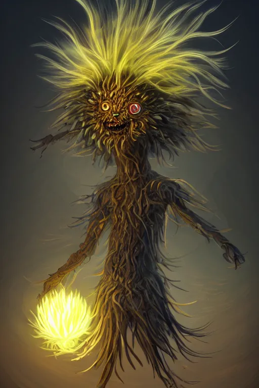 Image similar to a humanoid figure dandelion monster with large glowing eyes, highly detailed, digital art, sharp focus, trending on art station, artichoke, anime art style