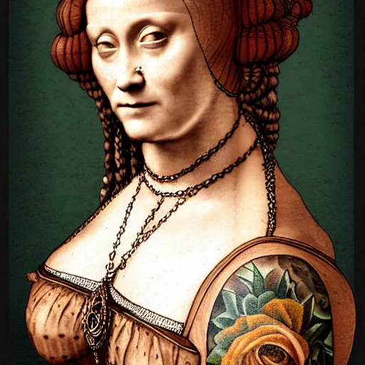 Image similar to ultra detailed, 4 k portrait of a tattooed woman wearing a baroque dress, fully dressed by leonardo da vinci