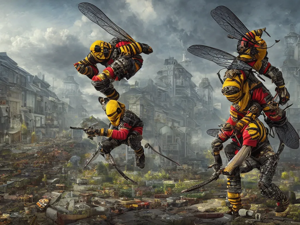 Prompt: Hooligan ninjas bee squatting on suburbia. Photorealistic, lifelike, Unreal Engine, sharp, sharpness, detailed, 8K, by Gerald Brom, Dan Mumford