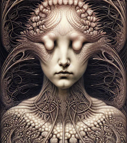 Prompt: detailed realistic beautiful twilight goddess face portrait by jean delville, gustave dore, iris van herpen and marco mazzoni, art forms of nature by ernst haeckel, art nouveau, symbolist, visionary, gothic, neo - gothic, pre - raphaelite, fractal lace, intricate alien botanicals, ai biodiversity, surreality, hyperdetailed ultrasharp octane render