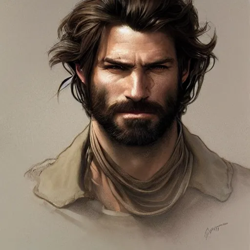 Prompt: portrait of a young, ruggedly handsome ranger, soft hair, muscular, half body, hairy, d & d, fantasy, intricate, elegant, highly detailed, digital painting, artstation, concept art, smooth, sharp focus, illustration, art by artgerm and greg rutkowski and alphonse mucha