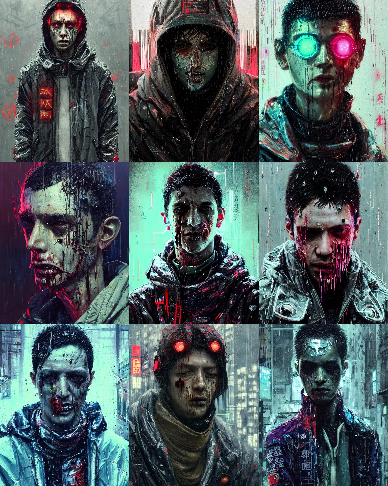 Image similar to detailed portrait, corrupt, virus, zombie, rain, cyberpunk futuristic neon, reflective puffy coat, decorated with traditional japanese ornaments by ismail inceoglu dragan bibin hans thoma greg rutkowski alexandros pyromallis nekro rene maritte illustrated, perfect face, fine details, realistic shaded, fine - face, pretty face