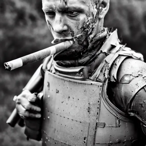 Image similar to Dying British mercenary wearing grey body armor smoking a cigarette in the aftermath of a bloody battle, photo by Adam Ferguson, Pulitzer Winning, cinematic composition, breathtaking, modern, 2022