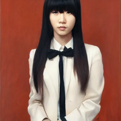 Image similar to portrait of a beautiful korean girl wearing a men's tuxedo, with long hair and bangs, angular features, angry expression, oil on canvas, elegant pose, masterpiece, Jonathan Yeo painting