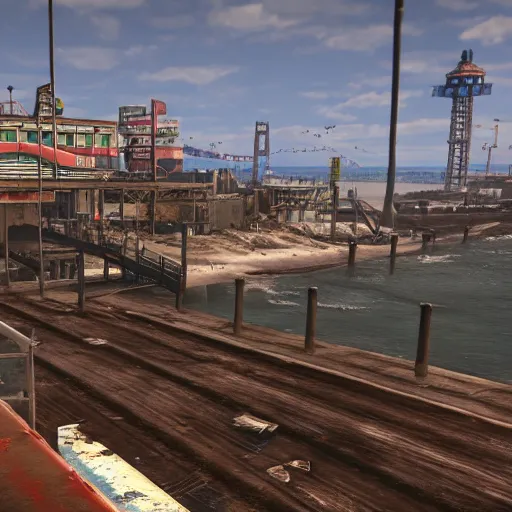 Image similar to Santa Monica Pier in ruins post-nuclear war in Fallout 4, in game screenshot