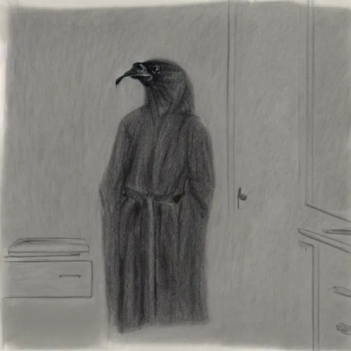 Image similar to a crow wearing a bathrobe in a hotel room, graphite drawing, 1998