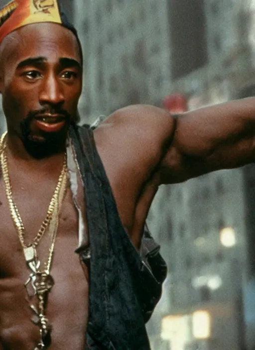 Image similar to film still of Tupac as John McClane in Die Hard, 4k