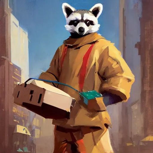 Prompt: greg manchess painting of a trash panda character, holding a box of cables and standing next to old electronic equiptment, medium shot, asymmetrical, profile picture, organic painting, sunny day, matte painting, bold shapes, hard edges, street art, trending on artstation, by huang guangjian and gil elvgren and sachin teng