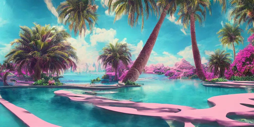 Image similar to artgem masterpiece, hyperrealistic surrealism, award winning masterpiece with incredible details, epic stunning, infinity pool, a surreal vaporwave liminal space, highly detailed, trending on ArtStation, calming, meditative, pink arches, flowing silk sheets, palm trees, very vaporwave, very very surreal, sharp details, dreamscape