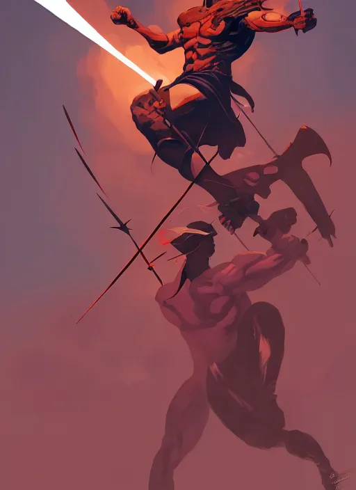 Prompt: a male warrior being hit by an arrow, in the style of artgerm, gerald brom, atey ghailan and mike mignola, vibrant colors and hard shadows and strong rim light, plain background, comic cover art, trending on artstation