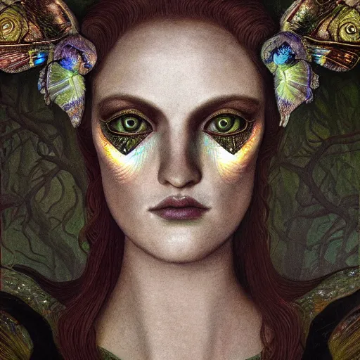 Prompt: a baroque neoclassicist closeup renaissance portrait of a beautiful forest queen with glowing eyes, moth wings with iridescent geometric patterns, reflective detailed textures, dark fantasy science fiction painting by diego rivera and jean delville and nicholas roerich, goth, dramatic lighting, gleaming silver and rich colors, artstation, octane render