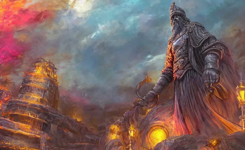 Image similar to A large statue of a wizard guarding the entrance to a port, landscape art, concept art, fantasy, inspiring, colossus of rhodes, bright lighting, colorful