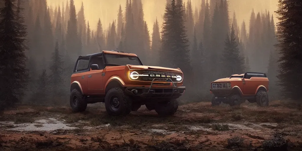 Image similar to 2022 ford bronco, an epic fantasy, dramatic lighting, cinematic, establishing shot, extremely high detail, photorealistic, cinematic lighting, artstation, by simon stalenhag, horizon forbidden west