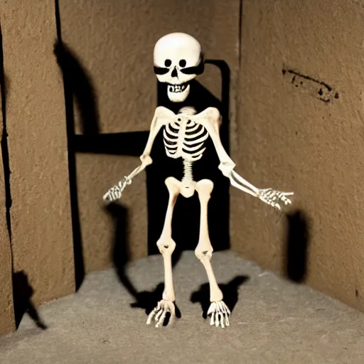 Prompt: skeleton character does his victory dance in the dungeon, claymation, stop motion, dimly lit, highly detailed