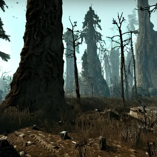 Image similar to mammoth tree forest in ruins post - nuclear war in fallout 4, in game screenshot