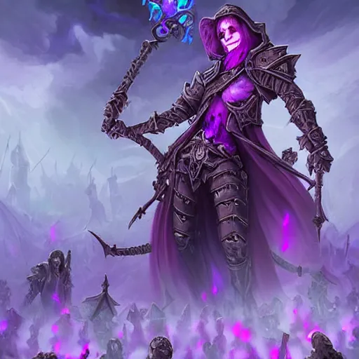 Image similar to a necromancer holding a bone staff calling an army of undead rising from the ground in the background, violet theme, hearthstone art style, epic fantasy style art, fantasy epic digital art, epic fantasy card game art