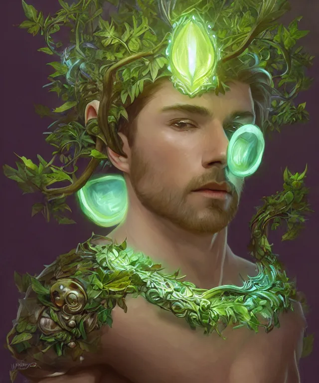 Prompt: a male! spore druid with leaf and vine themed clothing, fully clothed, glowing energy, d & d, fantasy, intricate, cinematic lighting, highly detailed, digital painting, artstation, concept art, smooth, sharp focus, illustration, subject in the middle of the frame, art by artgerm and greg rutkowski and alphonse mucha