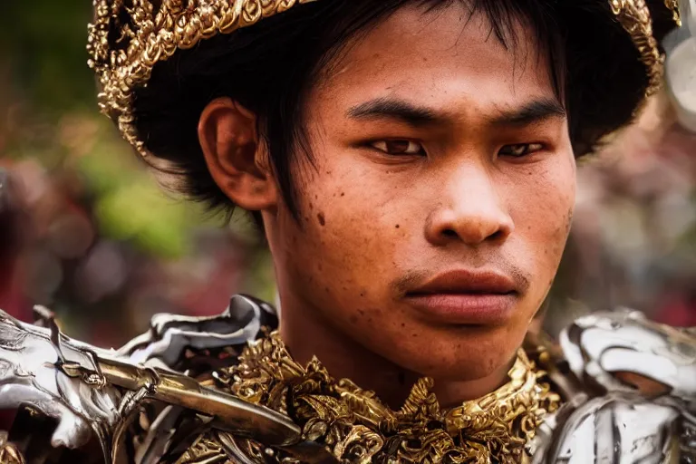 Image similar to close - up portrait photo of a beautiful khmer warrior prince in a battle scene, detailed eyes, shallow depth of field, photorealistic, cinematic lighting, lovely bokeh, warm colours, dusk