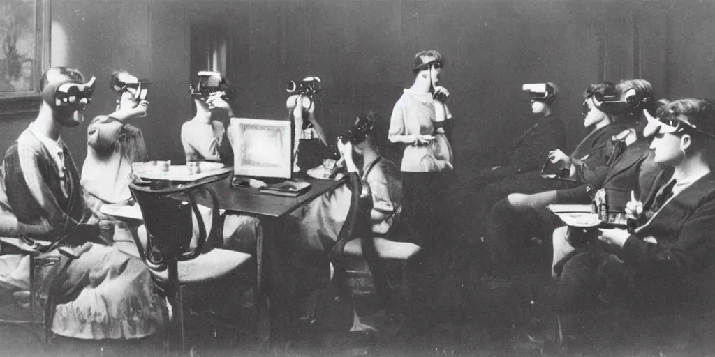 Prompt: 1 9 0 0 s photo of people using iphones ipods virtual reality headsets vr watching hd tv