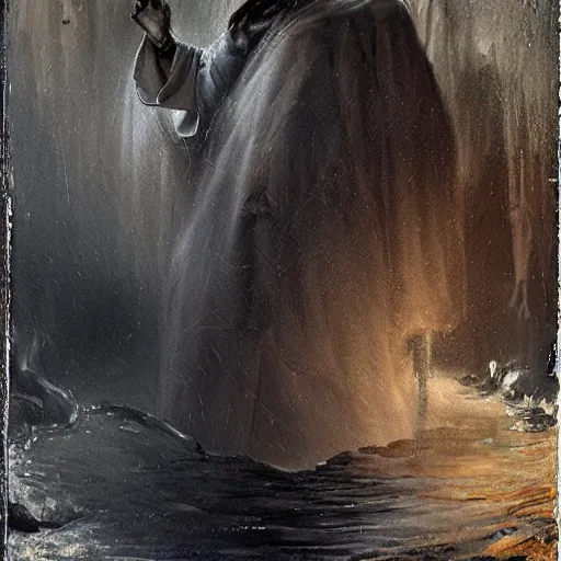 Prompt: painting of Jesus wading through a murky pool in a dark cave, surrounded by a vivid silver light, flowing royal robes with goly inlay, blood dripping from his hair, stern expression with a chiseled jaw and fiery eyes, by Jeremy Mann, stylized, detailed, realistic, loose brush strokes, intricate, cold